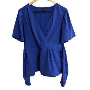 Anne Taylor Short Sleeve Blouse  Royal Blue Size 4 With Tie & Side Zipper